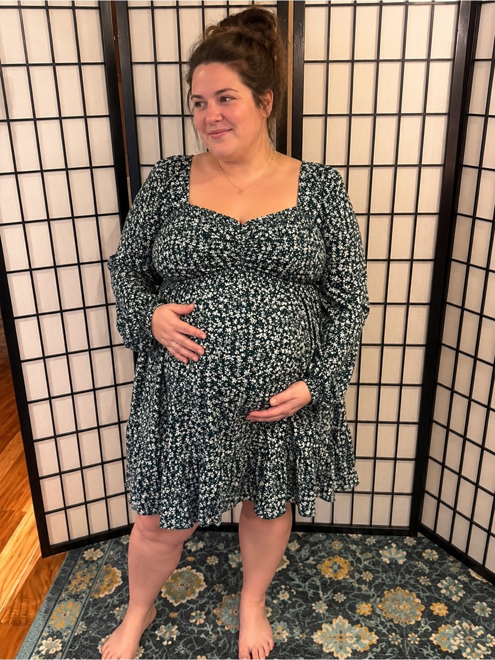 Floral Smocked Maternity Friendly Dress 2X Green White‎ Cottagecore Boho